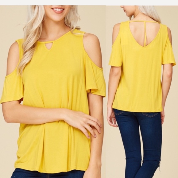 Yellow Bamboo Cold Shoulder Keyhole Knit Top - Picture 7 of 7